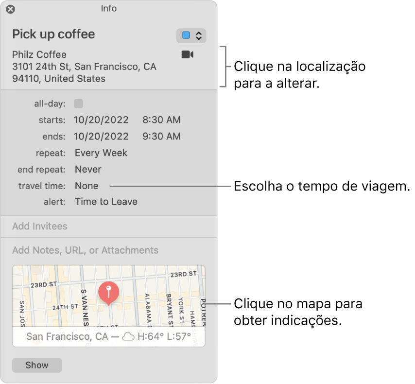 Janela de informação de um evento com o cursor sobre o menu pop-up “Tempo de viagem” Clique na localização para a alterar. Selecione o tempo de viagem no menu pop‑up. Clique no mapa para obter indicações.