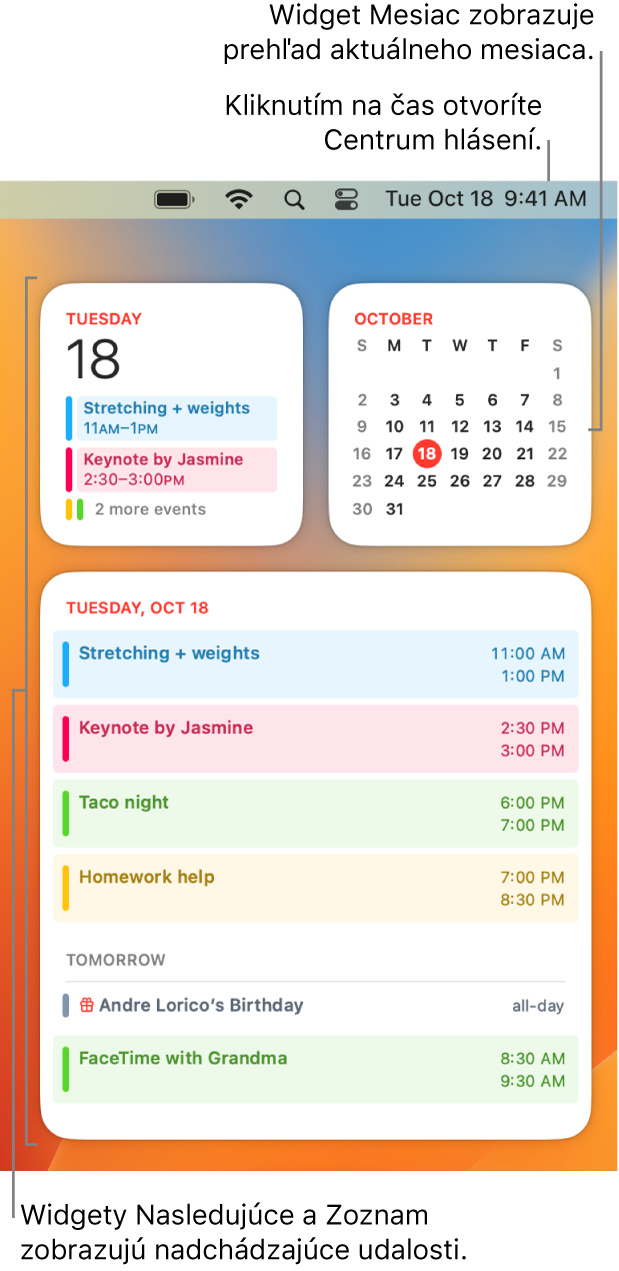 Tri widgety apky Kalendár: widget Nasledujúce a widget Zoznam zobrazujúce nadchádzajúce udalosti pre aktuálny deň a widget Mesiac zobrazujúci aktuálny mesiac. Kliknutím na dátum a čas v lište otvoríte Centrum hlásení, kde si môžete prispôsobiť widgety.