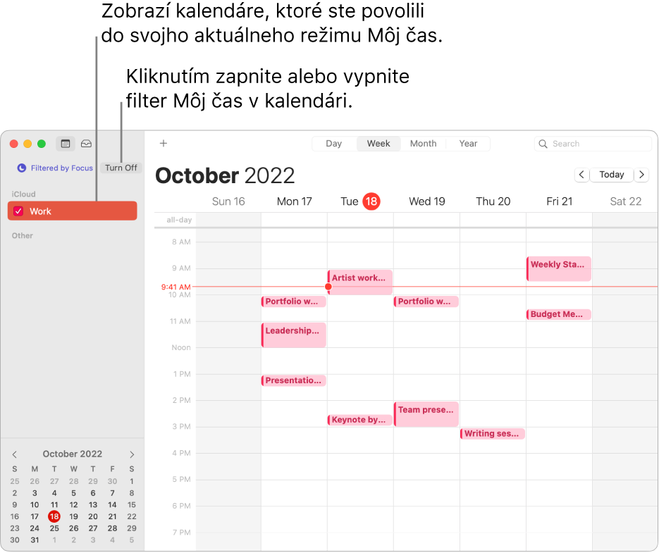 Okno apky Kalendár v zobrazení týždňa zobrazujúce v postrannom paneli iba pracovný kalendár po tom, čo bol zapnutý režim Môj čas na prácu.
