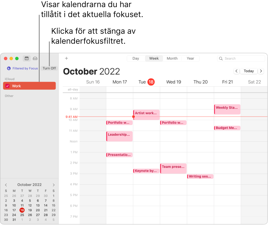 Ett kalenderfönster i veckovy visar endast kalendern Arbete i sidofältet efter att fokuset Arbete har aktiverats.