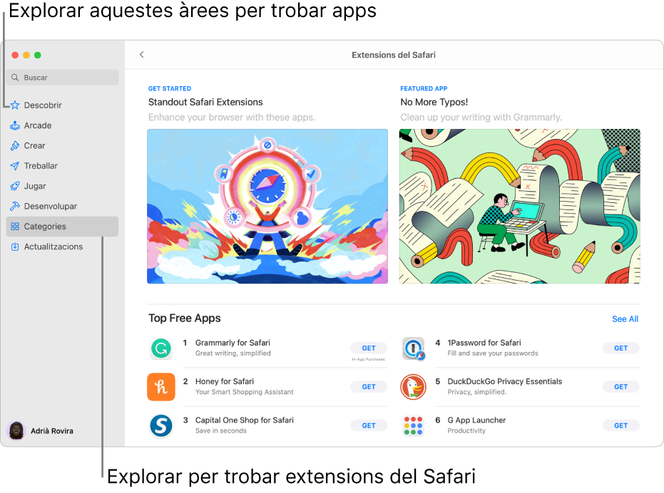 La pàgina “Extensions del Safari” de la Mac App Store. La barra lateral de l’esquerra inclou enllaços a altres pàgines: Descobrir, Arcade, Crear, Treballar, Jugar, Desenvolupar, Categories i Actualitzacions. A la dreta hi ha les extensions del Safari disponibles.