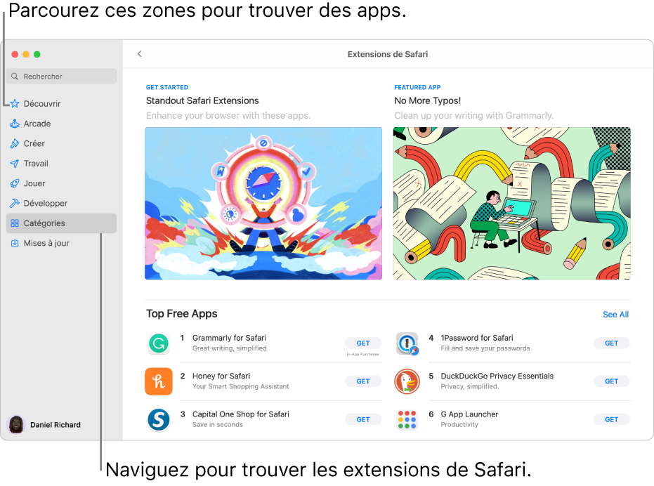 La page des extensions Safari du Mac App Store. La barre latérale située à gauche inclut des liens vers d’autres pages : Découvrir, Arcade, Créer, Travailler, Jouer, Développer, Catégories et Mises à jour. Les extensions Safari se trouvent à droite.