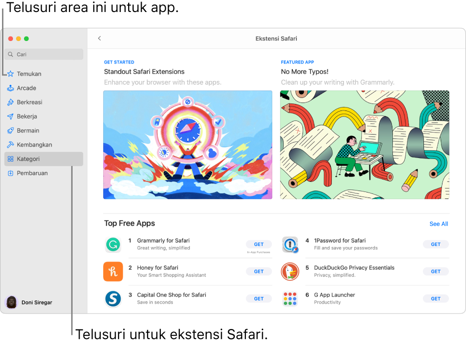 Halaman Mac App Store Ekstensi Safari. Bar samping di sebelah kiri menyertakan tautan ke halaman lainnya: Temukan, Arcade, Berkreasi, Bekerja, Bermain, Kembangkan, Kategori, dan Pembaruan. Di sebelah kanan terdapat ekstensi Safari yang tersedia.
