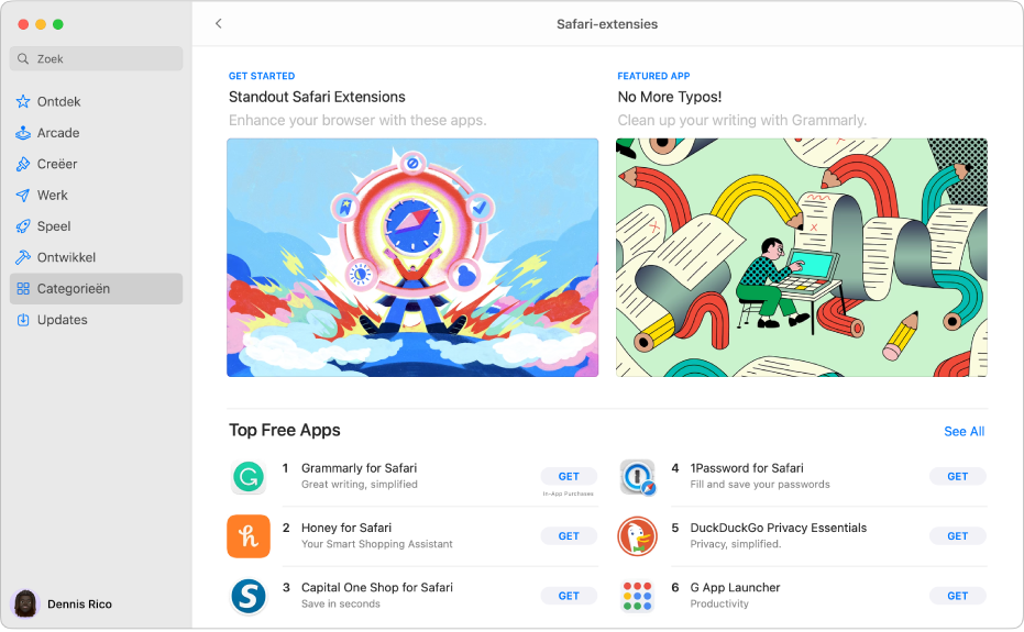 De pagina met Safari-extensies van de Mac App Store. De navigatiekolom aan de linkerkant bevat links naar andere pagina's: 'Ontdekken', 'Creëren', 'Werken', 'Spelen', 'Ontwikkelen', 'Categorieën' en 'Updates'. Aan de rechterkant staan de beschikbare Safari-extensies.