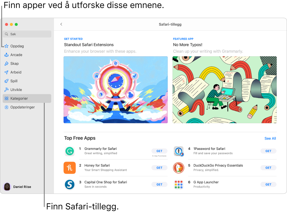 Siden for Safari-tillegg i Mac App Store. Sidepanelet til venstre inneholder lenker til andre sider: Oppdag, Arcade, Skap, Arbeid, Spill, Utvikle, Kategorier og Oppdateringer. Til høyre er tilgjengelige Safari-tillegg.