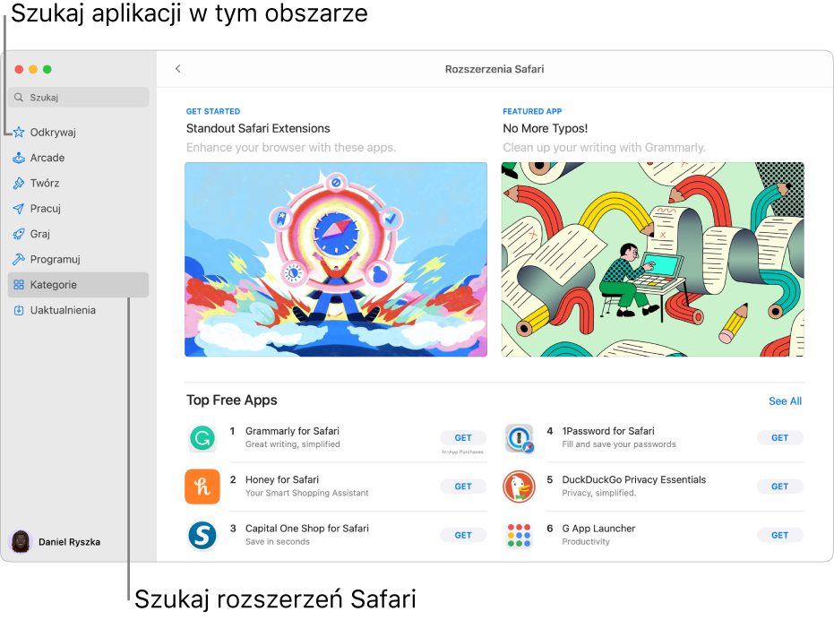 Strona z rozszerzeniami Safari w Mac App Store. Pasek boczny po lewej zawiera łącza do innych stron: Odkrywaj, Arcade, Twórz, Pracuj, Graj, Programuj, Kategorie i Uaktualnienia. Po prawej dostępne są rozszerzenia Safari.
