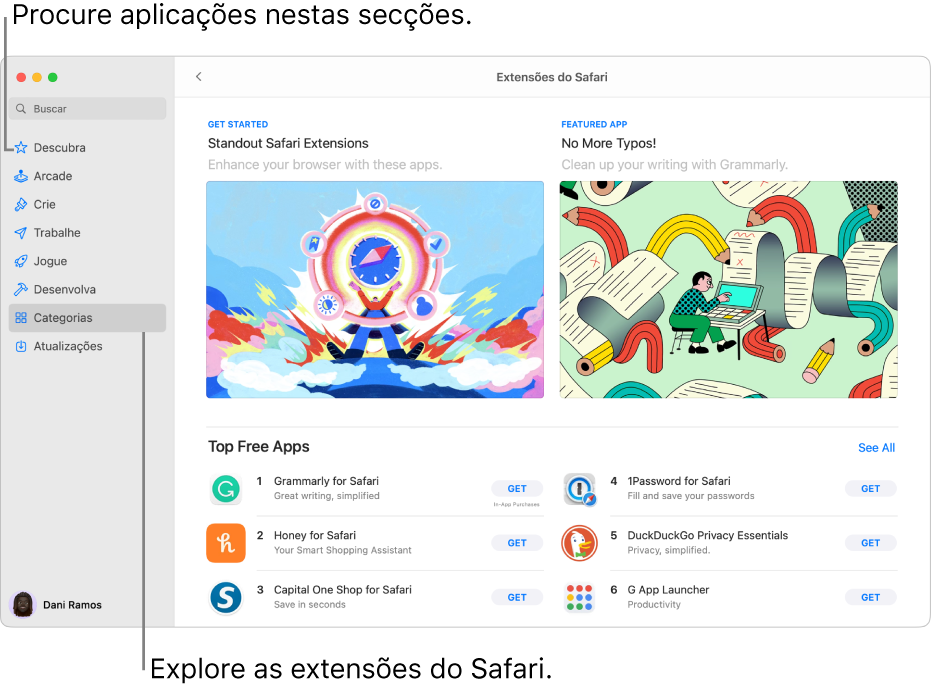 A página Extensões do Safari na Mac App Store. A barra lateral à esquerda inclui links para outras páginas: Descubra, Arcade, Crie, Trabalhe, Jogue, Desenvolva, Categorias e Atualizações. À direita, as extensões disponíveis do Safari.