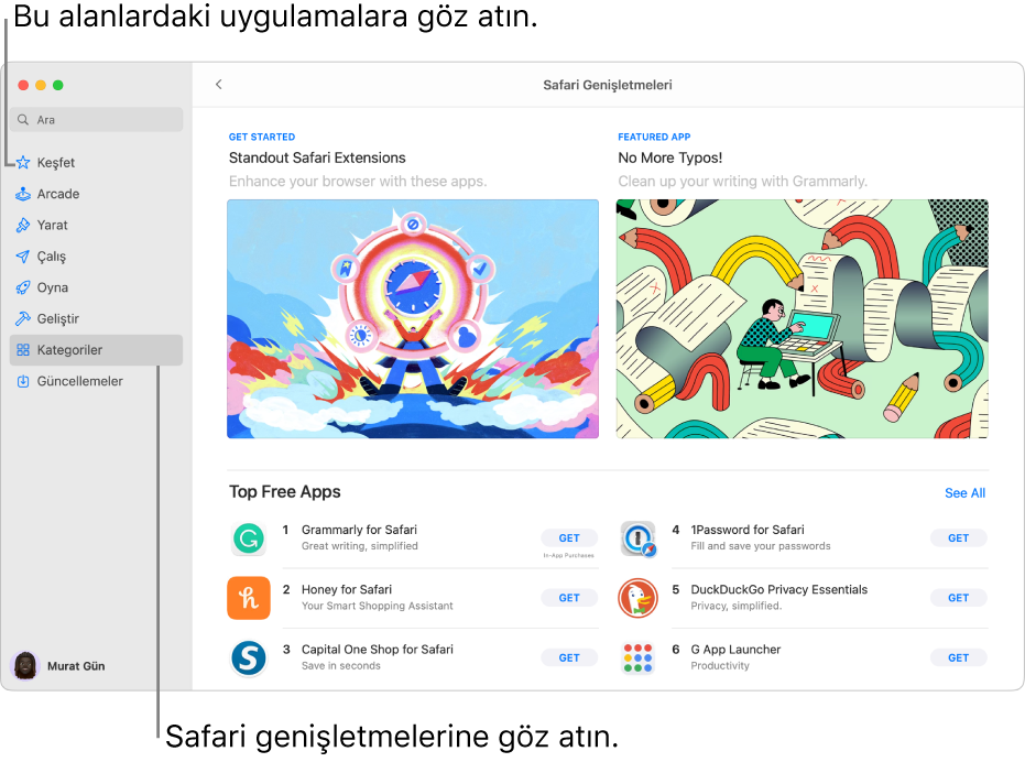 Safari Genişletmeleri Mac App Store sayfası. Sol taraftaki kenar çubuğu diğer sayfalara bağlantıları içerir: Keşfet, Arcade, Yarat, Çalış, Oyna, Geliştir, Kategoriler ve Güncellemeler. Sağda kullanılabilir Safari genişletmeleri bulunur.