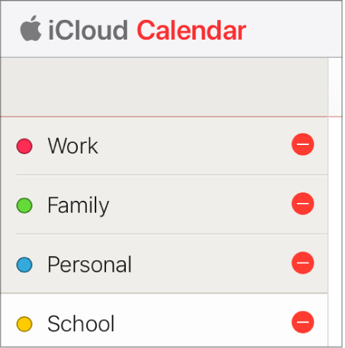 Eine Liste der Kalender in der Seitenleiste von „Kalender“ auf iCloud.com mit der Taste „Entfernen“ rechts neben dem jeweiligen Namen des Kalenders.