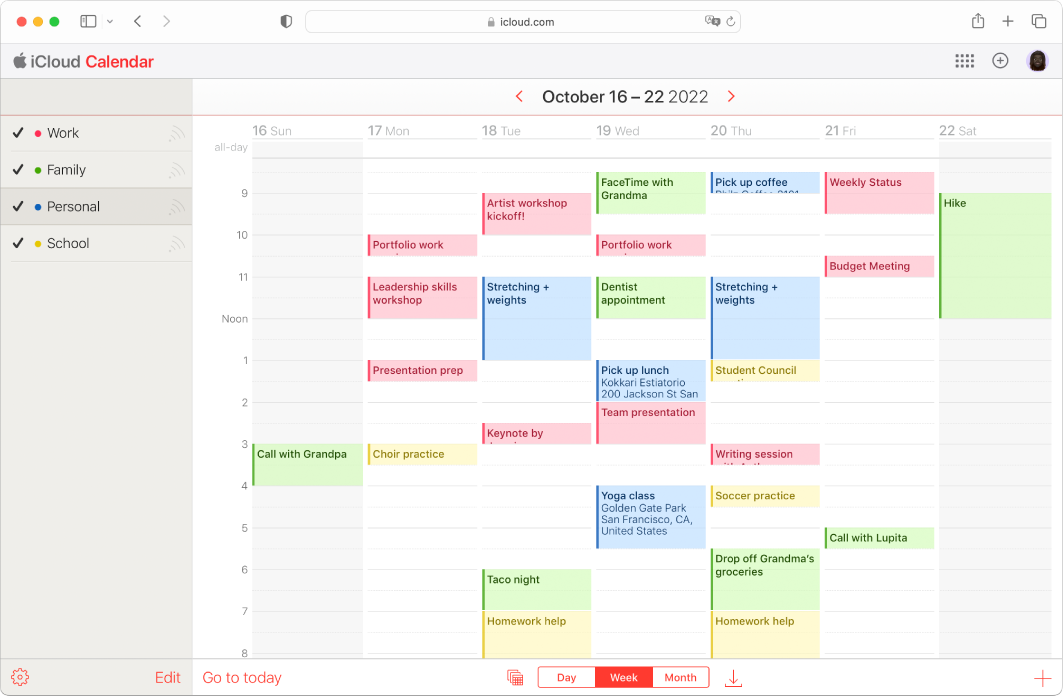 The Calendar window on iCloud.com, with several calendars visible. Buttons on the screen allow you to change the calendar view, hide the sidebar, go to the current day and more.