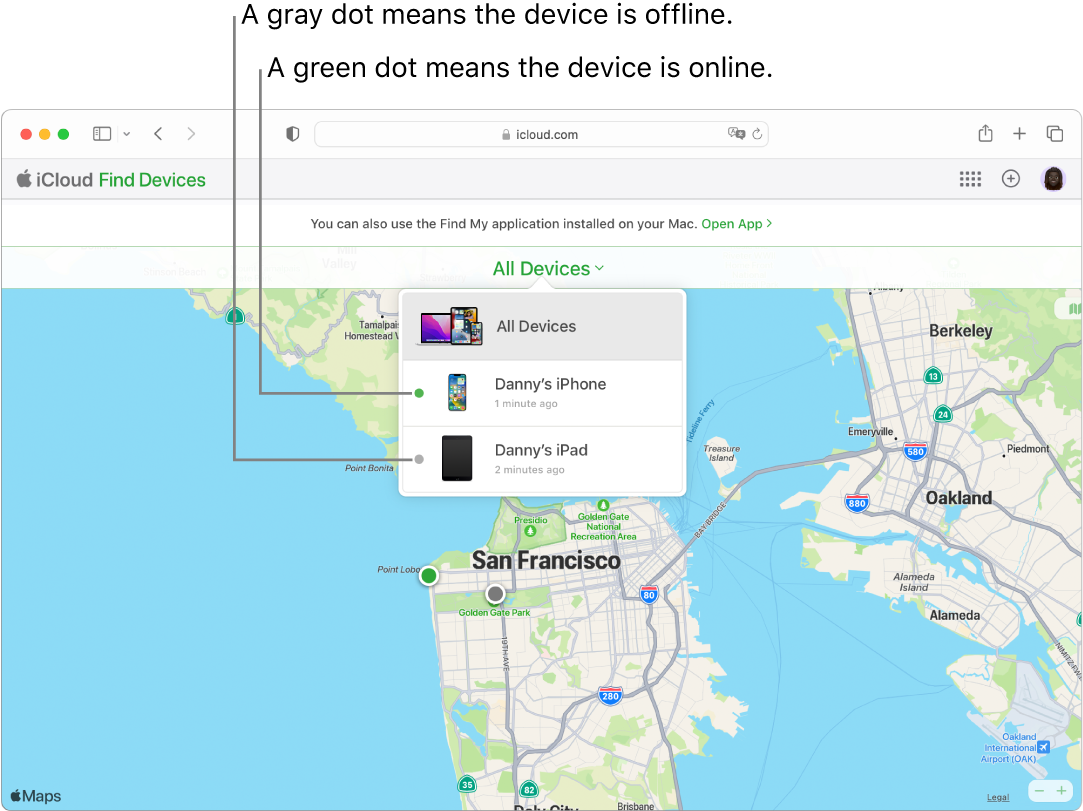 Az iCloud.com webhelyen található Eszközök keresése Macen a Safariban nyílik meg. Két eszköz helyzete látható San Francisco térképén. Dani iPhone-ja online állapotban van, és egy zöld pont jelzi a készüléket. Dani iPadje offline állapotban van, és egy szürke pont jelzi a készüléket.