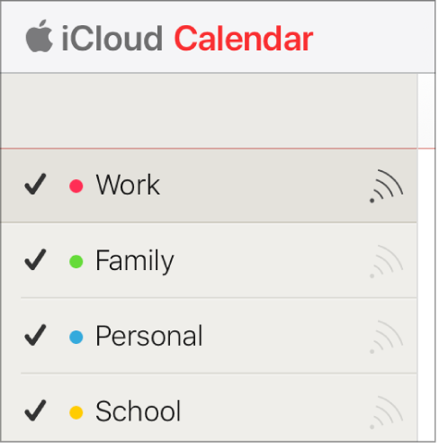 Bar samping Kalender untuk iCloud.com dengan ikon bagikan yang digelapkan untuk kalender Kerja.