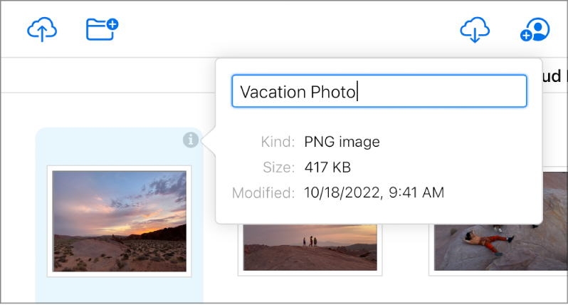 iCloud Driveに保存されている画像の「情報」パネル。「Vacation Photo」（休暇の写真）というファイル名は編集可能です。