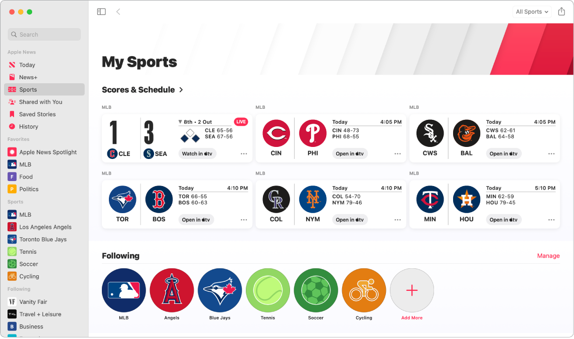 نافذة تطبيق الأخبار تعرض مجموعة My Sports التي تتضمن Schedules و Scores، بالإضافة إلى البطولات والفِرق والرياضات التي تتابعها.