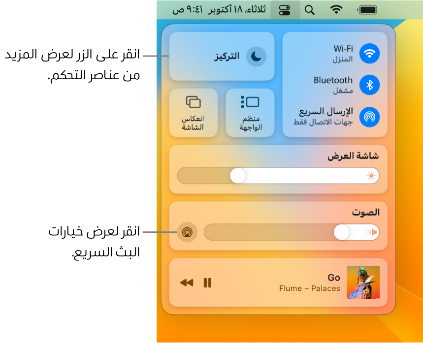 عرض مُكبَّر لمركز التحكم على الـ Mac به وسيلة شرح لزر شاشة العرض.