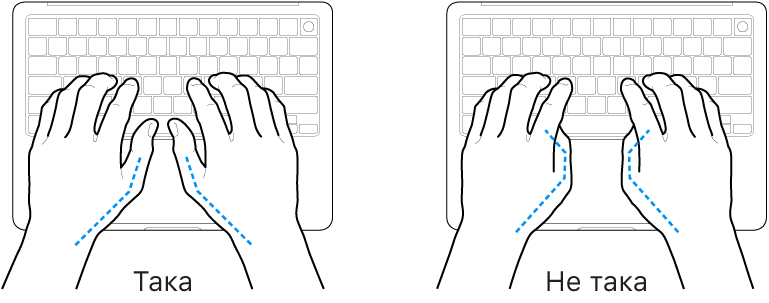 Ръце, разположение над клавиатура, показващи правилно и неправилно положение на палците.
