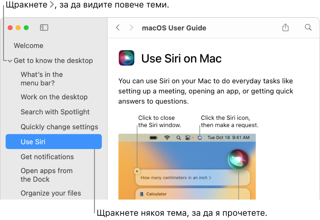 Преглед на Помощ с надпис, който описва как да преглеждате темите в страничната лента, и друг надпис, който описва как да показвате съдържанието на дадена тема.