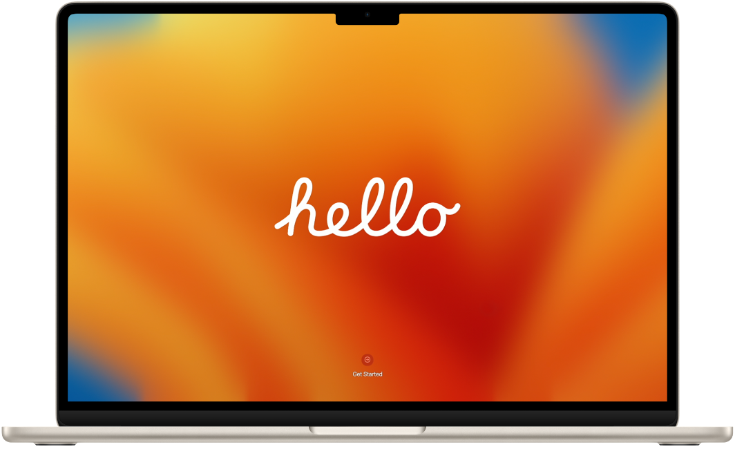 Отворен MacBook Air с думата „hello“, изписана на екрана.