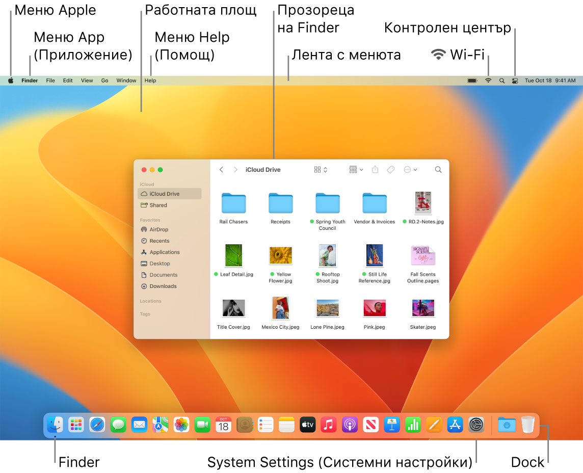 Екран на Mac, който показва меню Apple, менюто за приложения, работната площ, менюто Help (Помощ), прозорец на Finder, лентата с менюта, иконката за Wi-Fi, иконката за Контролен център, иконката за Finder, иконката за System Settings (Системни настройки) и лентата Dock.