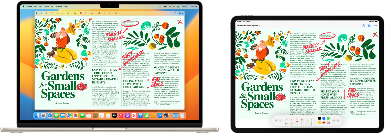 MacBook Air и iPad един до друг. И двата екрана показват статия, която е покрита с ръкописни червени редакции като задраскани изречения, стрелки и добавени думи. iPad също има бутони за украсяване в долната част на екрана.