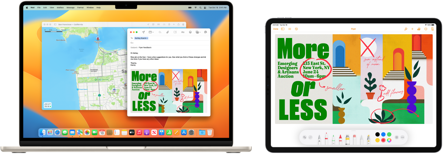 MacBook Air и iPad един до друг. Екранът на iPad показва брошура с анотации. Екранът на MacBook Air има отворено съобщение от Mail (Поща) с прикачен файл брошурата с анотациите от iPad.