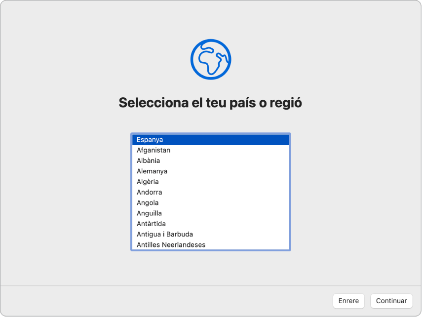 Pantalla de l’Assistent de Configuració que mostra opcions per seleccionar el país o regió d’un usuari.