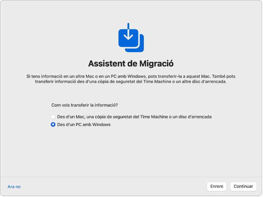 Pantalla de l’Assistent de Configuració que diu “Assistent de Migració”. Hi ha una casella seleccionada per transferir informació des d’un PC amb Windows.