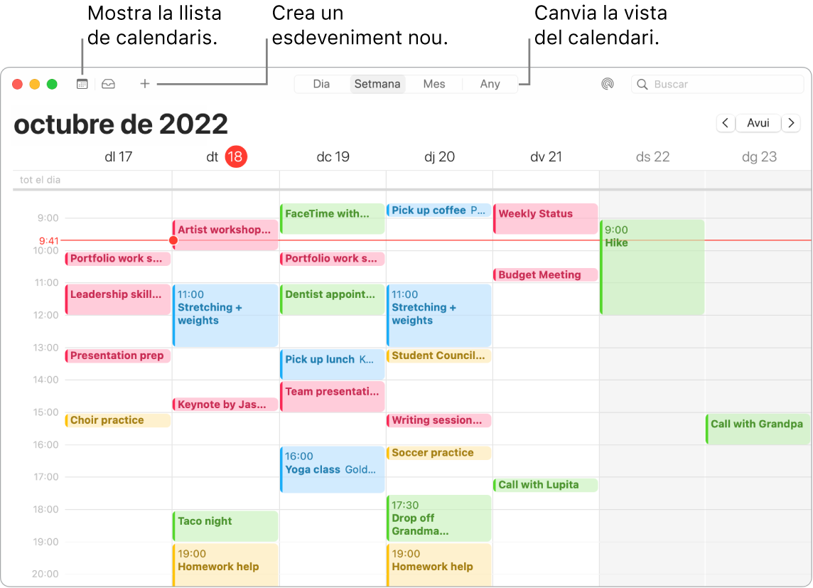 Una finestra de l’app Calendari on es mostra la llista de calendaris, com crear un esdeveniment, com mostrar la llista de calendaris i com seleccionar la vista Dia, Setmana, Mes o Any.