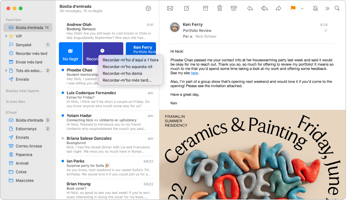 Una finestra del Mail que mostra diverses opcions de “Recordar més tard”.