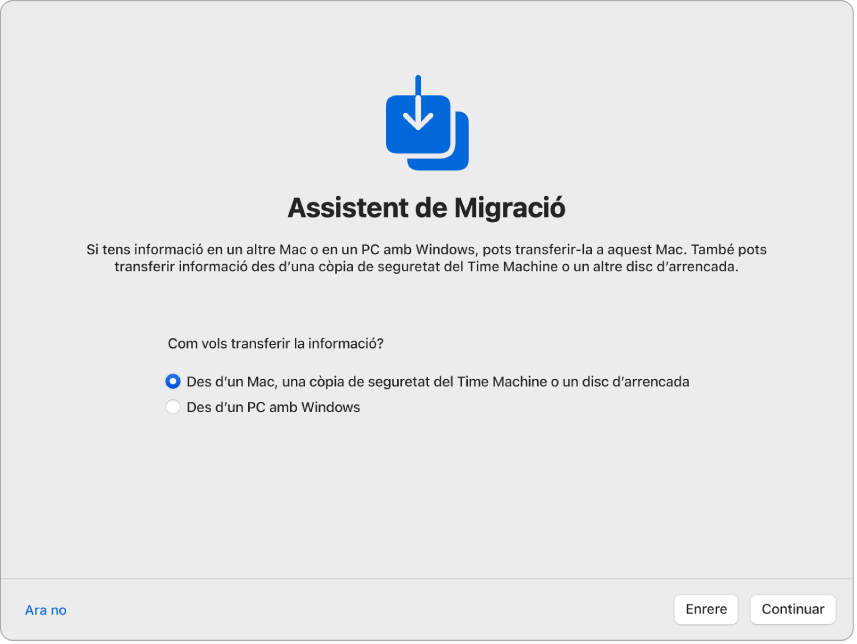 Pantalla de l’Assistent de Configuració que diu “Assistent de Migració”. Hi ha una casella seleccionada per transferir informació des d’un Mac.