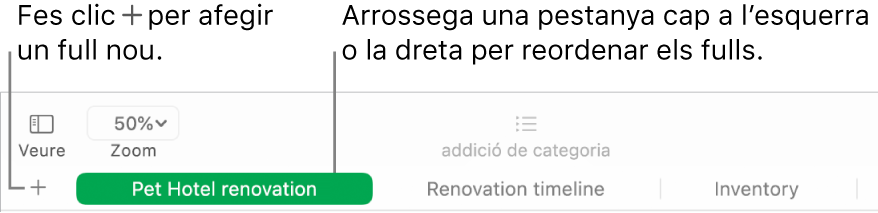 Una finestra del Numbers que mostra com afegir un full nou i com reordenar els fulls.