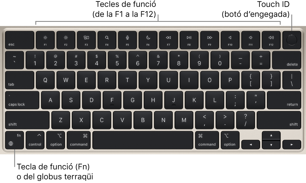 Teclat del MacBook Air en què es veu la filera de tecles de funció i el Touch ID (botó d’engegada) a la part superior, i la tecla Funció (Fn) o del globus terraqüi a l’angle inferior esquerre.