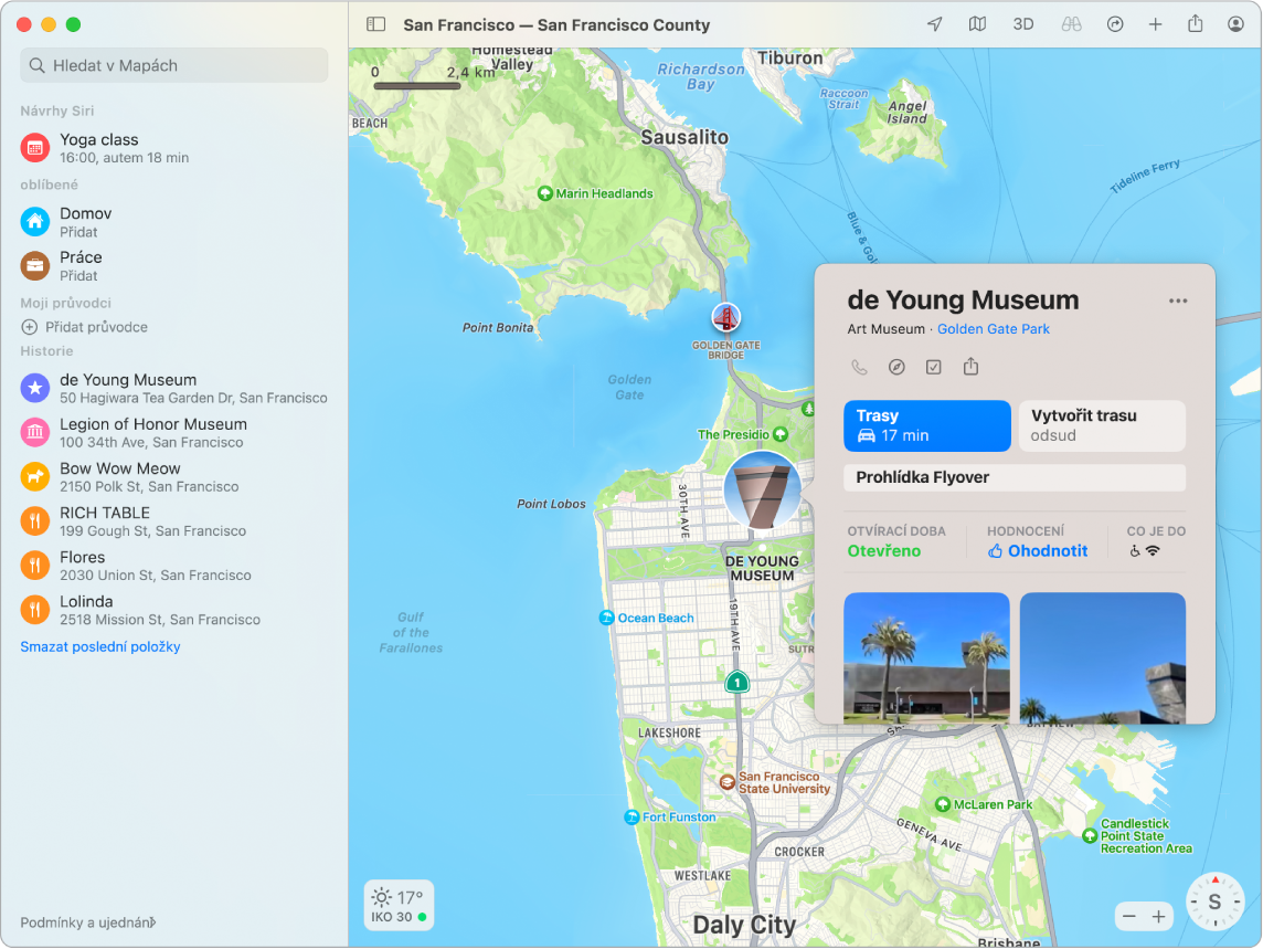 Mapa San Franciska s vyznačeným muzeem. V informačním okně se zobrazují důležité informace o instituci.