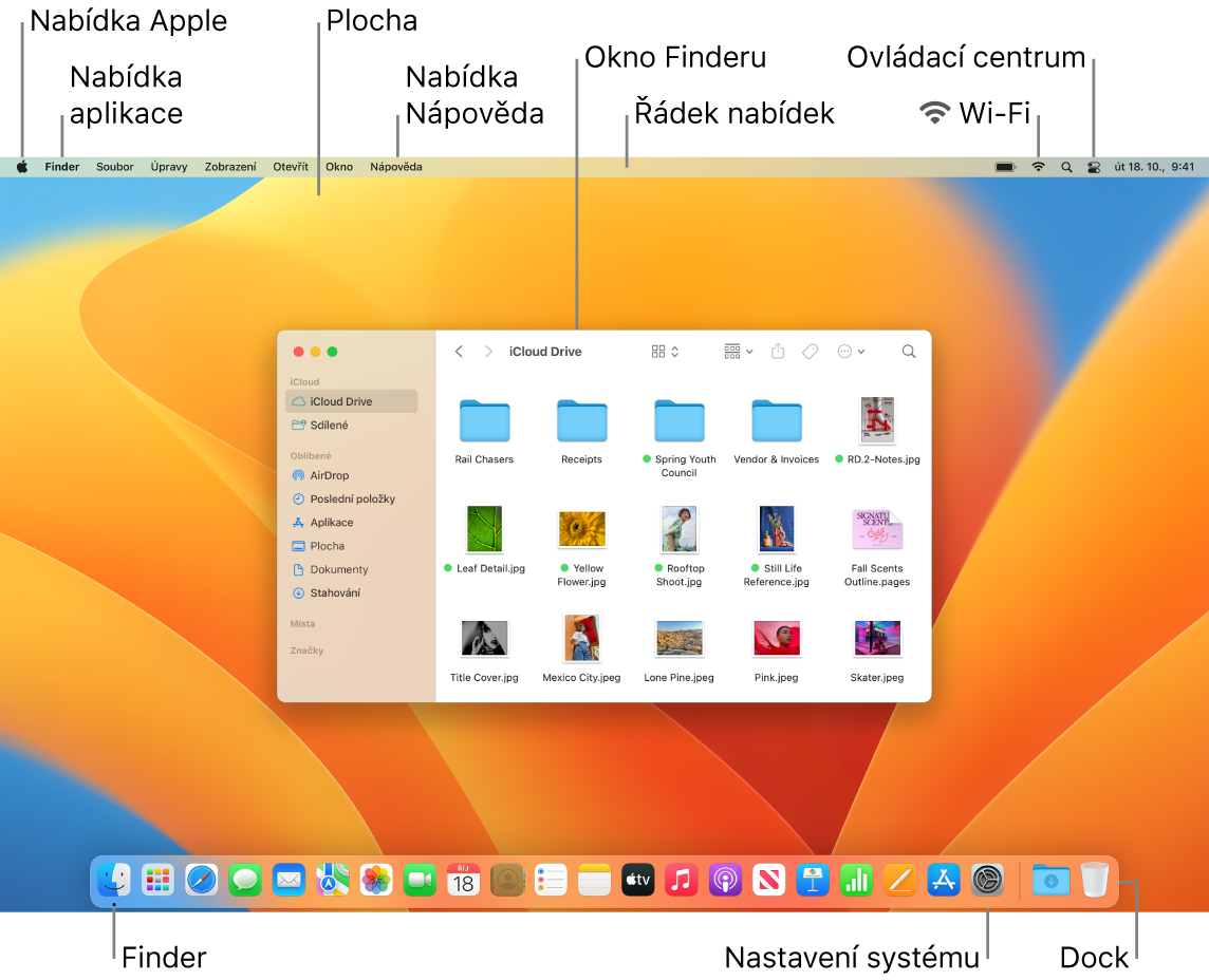 Obrazovka Macu, na níž je vidět nabídka Apple, nabídka aplikace, plocha, nabídka Nápověda, okno Finderu, řádek nabídek, ikona Wi‑Fi, ikona Ovládacího centra, ikona Finderu, ikona nastavení systému a Dock