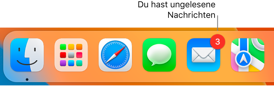 Abschnitt im Dock mit dem App-Symbol „Mail“, das mit einem Kennzeichen versehen ist, um auf ungelesene Mails hinzuweisen.