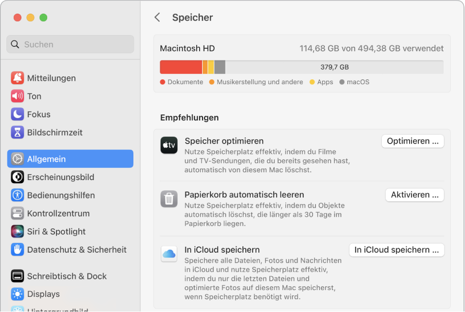 Die Empfehlungen-Einstellungen für den Speicher mit den Optionen „In iCloud speichern“, „Speicher optimieren“ und „Papierkorb automatisch leeren“.