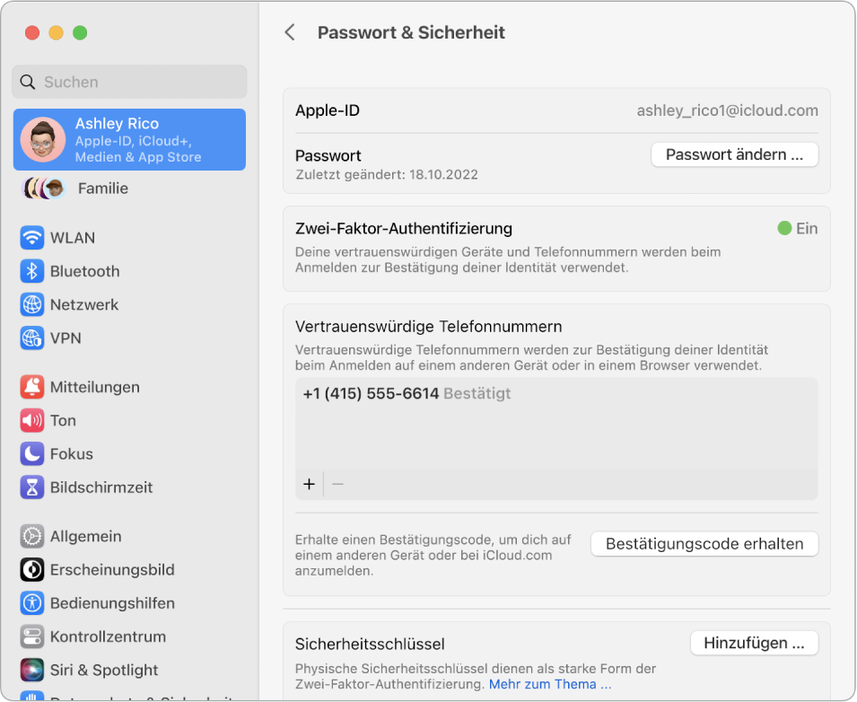 Der Apple-ID-Bereich „Passwort & Datenschutz“ in den Systemeinstellungen. Hier kann die Accountwiederherstellung oder ein Nachlasskontakt konfiguriert werden.