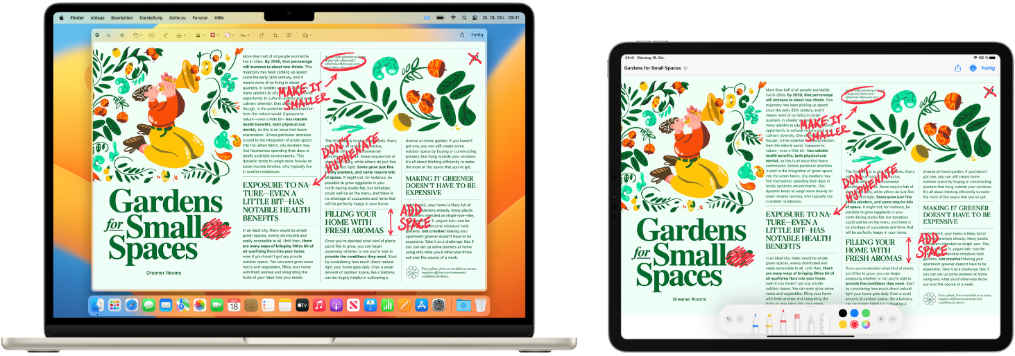 Ein MacBook Air und ein iPad nebeneinander. Auf beiden Bildschirmen wird ein Artikel mit roten Markierungen wie durchgestrichenen Sätzen und hinzugefügten Wörtern angezeigt. Auf dem iPad-Bildschirm werden unten Steuerelemente für Markierungen angezeigt.
