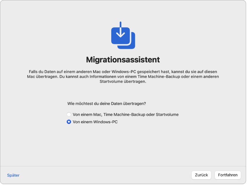 Ein Bildschirm des Systemassistenten sagt „Migrationsassistent“. Ein Markierungsfeld zum Übertragen von Informationen von einem Windows-PC ist ausgewählt.