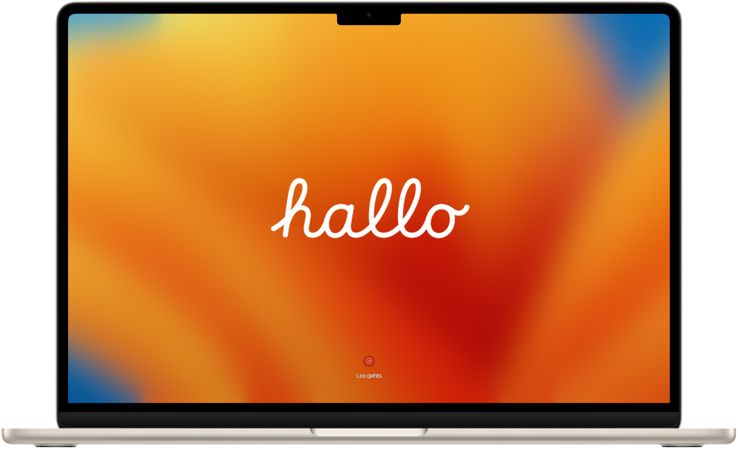 Ein geöffnetes MacBook Air mit dem Schriftzug „Hallo“ auf dem Bildschirm.