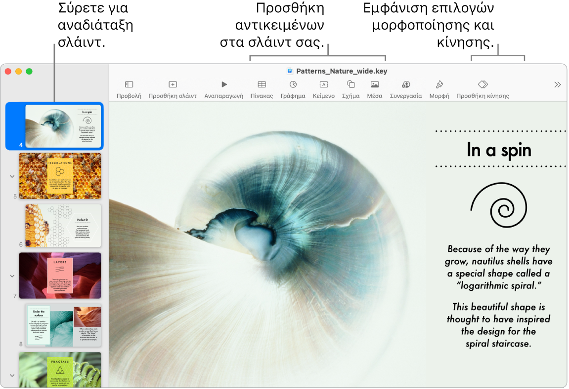 Ένα παράθυρο του Keynote όπου εμφανίζεται η πλοήγηση σλάιντ στα αριστερά και ο τρόπος αναδιάταξης των σλάιντ, η γραμμή εργαλείων και τα εργαλεία επεξεργασίας της στο πάνω μέρος, το κουμπί «Συνεργασία» κοντά στην πάνω δεξιά πλευρά, και τα κουμπιά «Μορφή» και «Προσθήκη κίνησης» στα δεξιά.