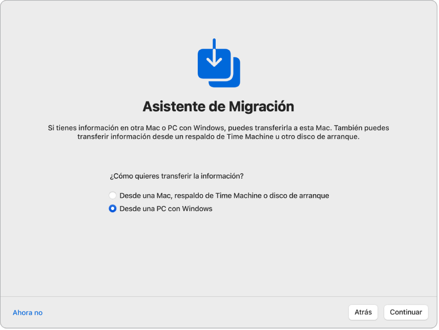 Una pantalla de Asistente de Configuración que dice “Asistente de Migración”. Se muestra una casilla seleccionada para transferir información desde una PC con Windows.