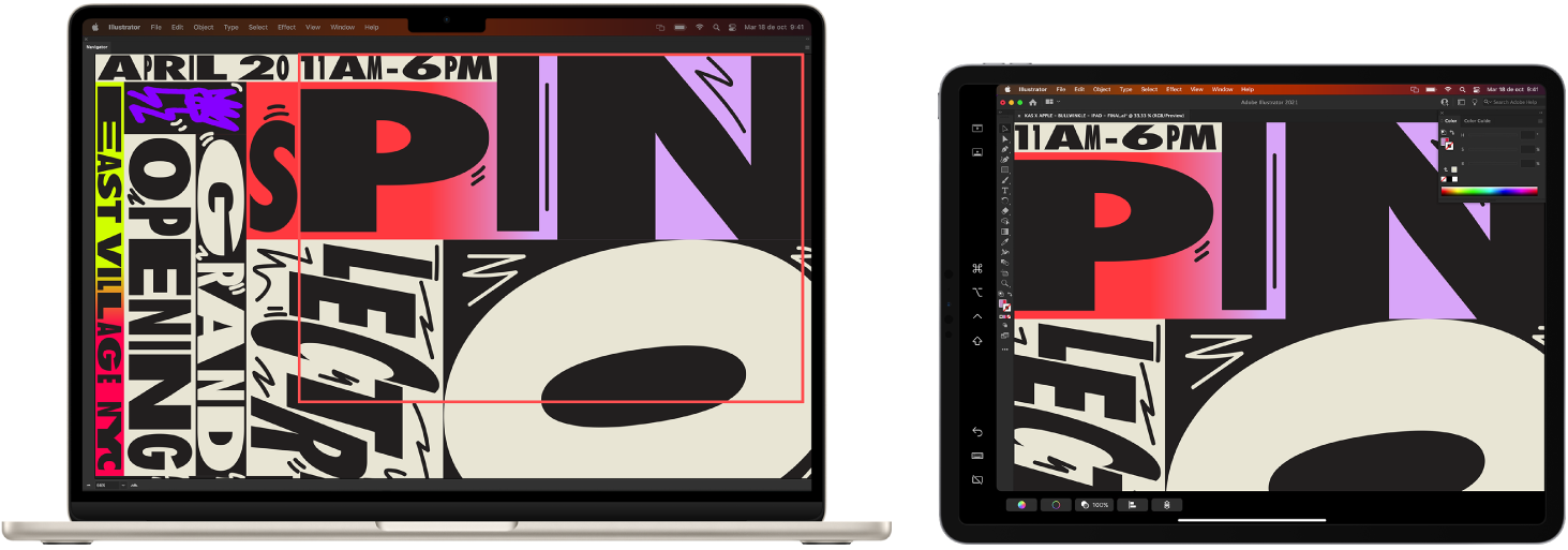 Una MacBook Air y un iPad lado a lado. La MacBook Air muestra arte en la ventana del navegador de Illustrator. El iPad muestra el mismo arte en la ventada de documento de Illustrator rodeado de barras de herramientas.