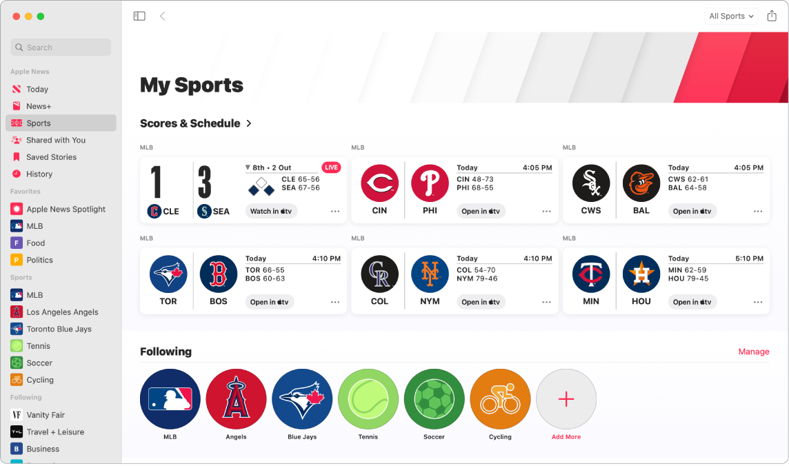 La ventana News mostrando Mis deportes, que incluye Horarios y Puntuaciones, así como las ligas, equipos y deportes que sigues.