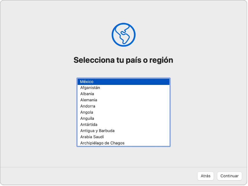 Una pantalla de Asistente de Configuración que muestra opciones para seleccionar el país o la región del usuario.