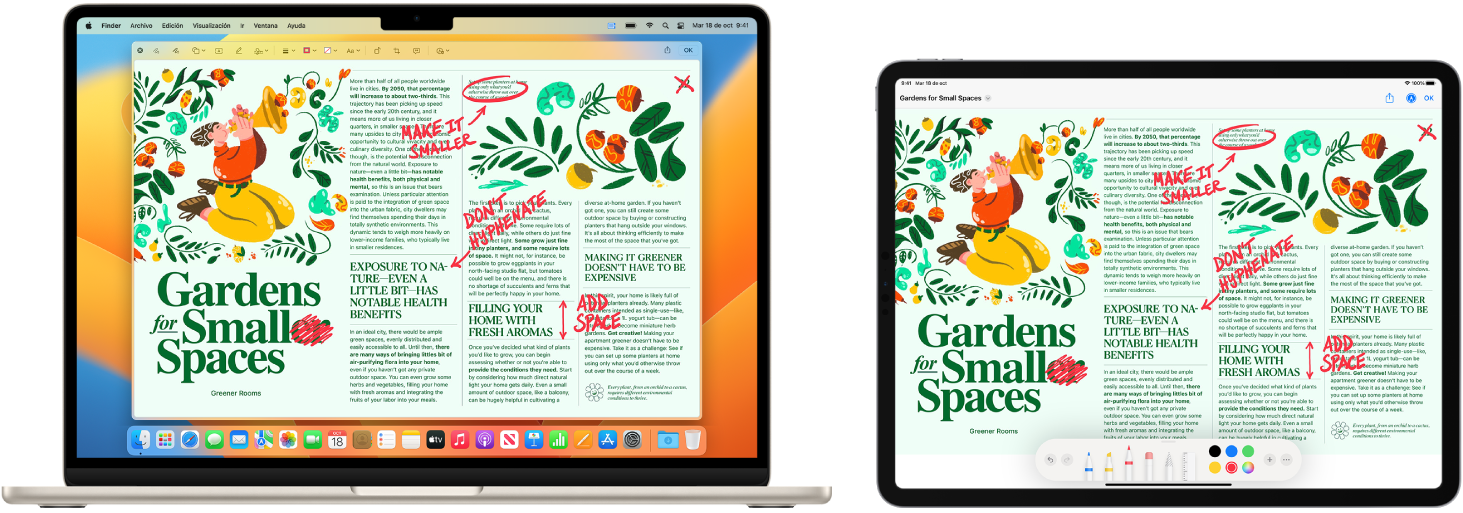 Una MacBook Air y un iPad lado a lado. Ambas pantallas muestran un artículo cubierto de ediciones rojas garabateadas, como oraciones tachadas, flechas y palabras agregadas. El iPad también tiene controles de marcado en la parte inferior de la pantalla.