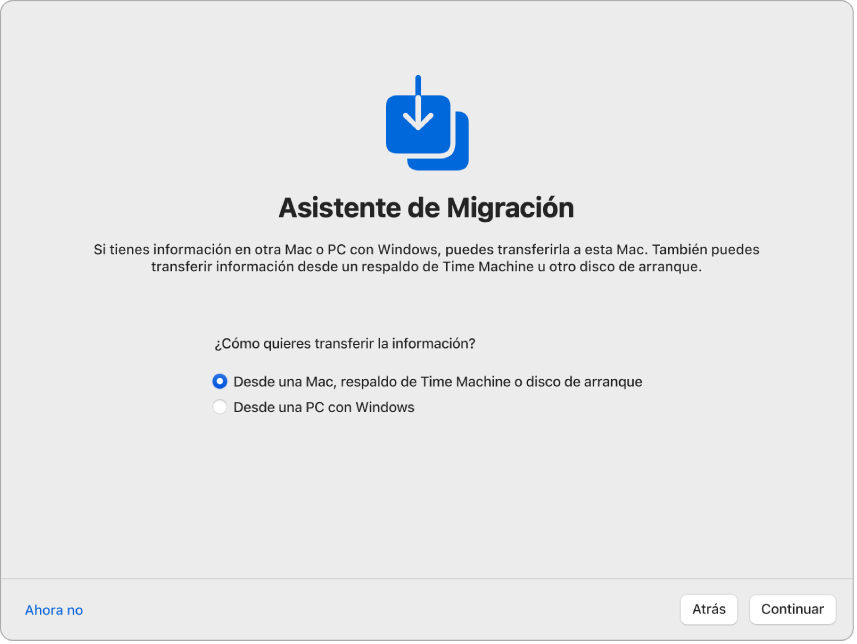 Una pantalla de Asistente de Configuración que dice “Asistente de Migración”. Se muestra una casilla seleccionada para transferir información desde una Mac.