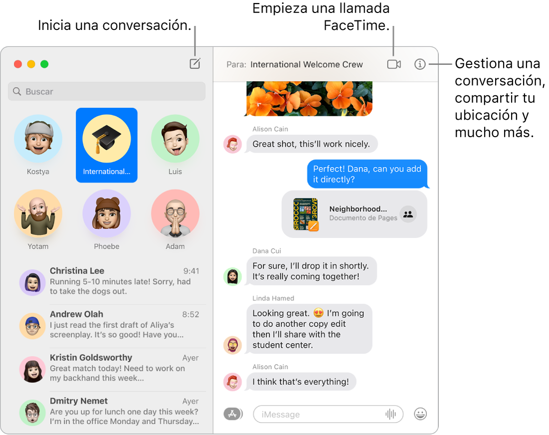 Una ventana de Mensajes donde se muestra cómo iniciar una conversación y cómo iniciar una llamada de FaceTime.