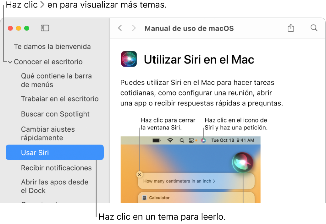 Visor de Ayuda con una indicación que describe cómo ver los temas en la barra lateral y otra indicación que describe cómo mostrar el contenido de un tema.