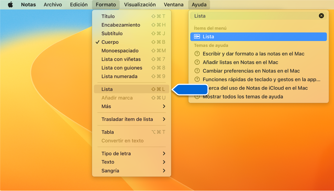 El menú de Ayuda que muestra una búsqueda de “lista” y el comando “Lista con viñetas” resaltado en la lista de resultados y en el menú Formato.